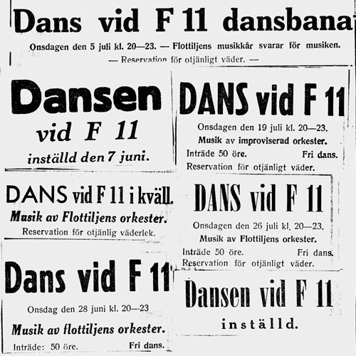 Pressklipp från 40-talet visar att det verkligen blev fart på nöjeslivet när flottiljen kom till Nyköping. Dansbanan låg inne på flottiljområdet i anslutning till vaktbyggnaden och vaktstyrkan såg till att besökarna inte kom längre in på området.